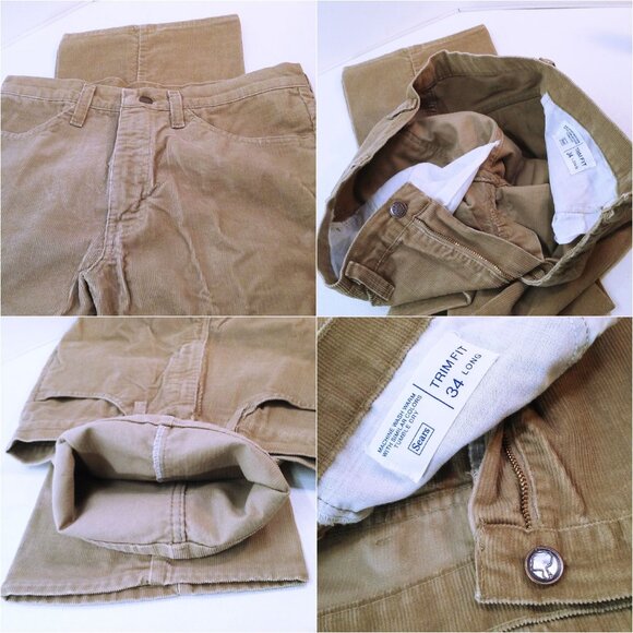 Vintage 70s-80s Sears Trim Fit Corduroy Pants 34-Long Western Bootcut Flare Tan - Picture 6 of 10